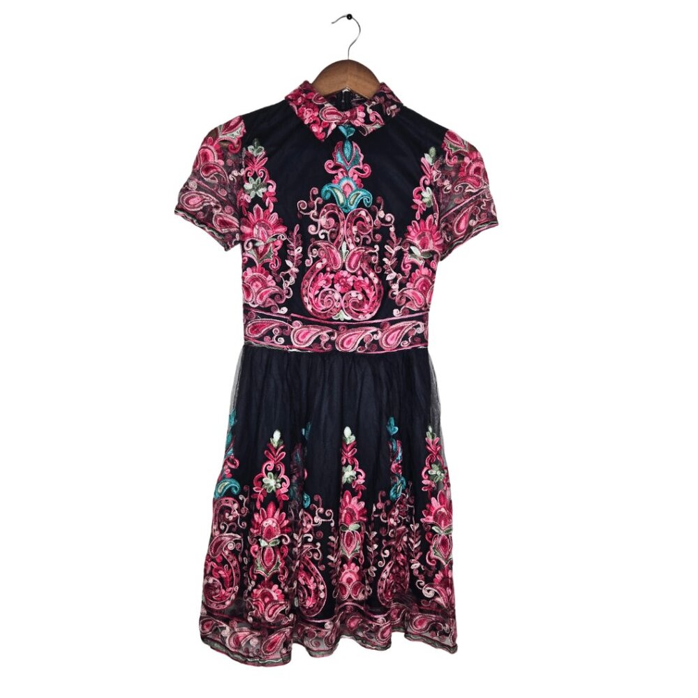 Embroidered Mesh Overlay Dress